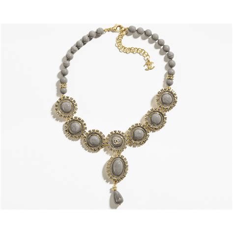 Necklace Metal, Resin, Glass Pearls & Strass Gold, Gray & Crystal